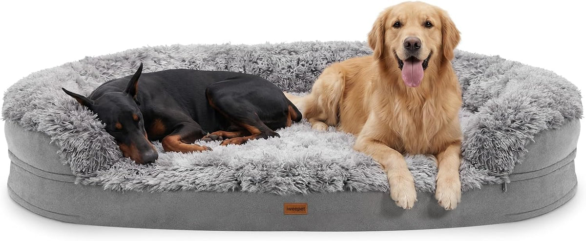 Fluffy Calming Orthopedic Dog Beds for Large & Extra Large Dogs, 44’’ Supportive Dog Sofa Bed with 3.7 inch 28D Egg-Crate Foam, Removable Washable Plush Cover, Waterproof Lining,Grey