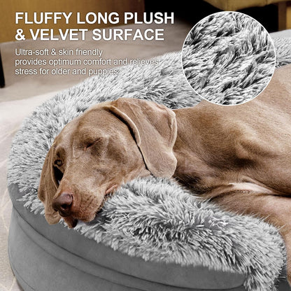 Fluffy Calming Orthopedic Dog Beds for Large & Extra Large Dogs, 44’’ Supportive Dog Sofa Bed with 3.7 inch 28D Egg-Crate Foam, Removable Washable Plush Cover, Waterproof Lining,Grey