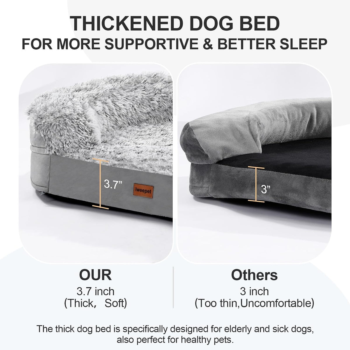 Fluffy Calming Orthopedic Dog Beds for Large & Extra Large Dogs, 44’’ Supportive Dog Sofa Bed with 3.7 inch 28D Egg-Crate Foam, Removable Washable Plush Cover, Waterproof Lining,Grey