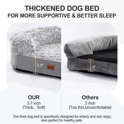 Fluffy Calming Orthopedic Dog Beds for Large & Extra Large Dogs, 44’’ Supportive Dog Sofa Bed with 3.7 inch 28D Egg-Crate Foam, Removable Washable Plush Cover, Waterproof Lining,Grey