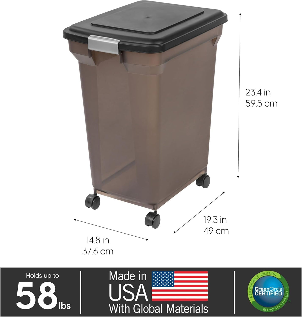 Dog Food Storage Container, Up to 58 lbs, Smoke Black, Made in USA