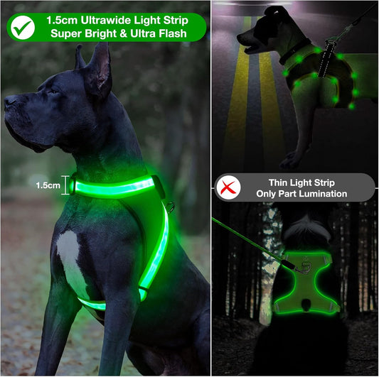 Light Up Dog Harness, No Pull Led Dog Harness Glow-in-The-Dark for Night Walking, USB Rechargeable Lighted Safety Vest for Medium Large Dogs, Adjustable Soft Mesh Fully Illuminated(Green, L)