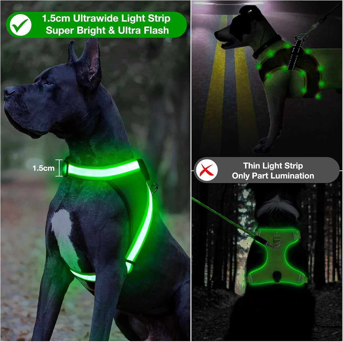 Light Up Dog Harness, No Pull Led Dog Harness Glow-in-The-Dark for Night Walking, USB Rechargeable Lighted Safety Vest for Medium Large Dogs, Adjustable Soft Mesh Fully Illuminated(Green, L)