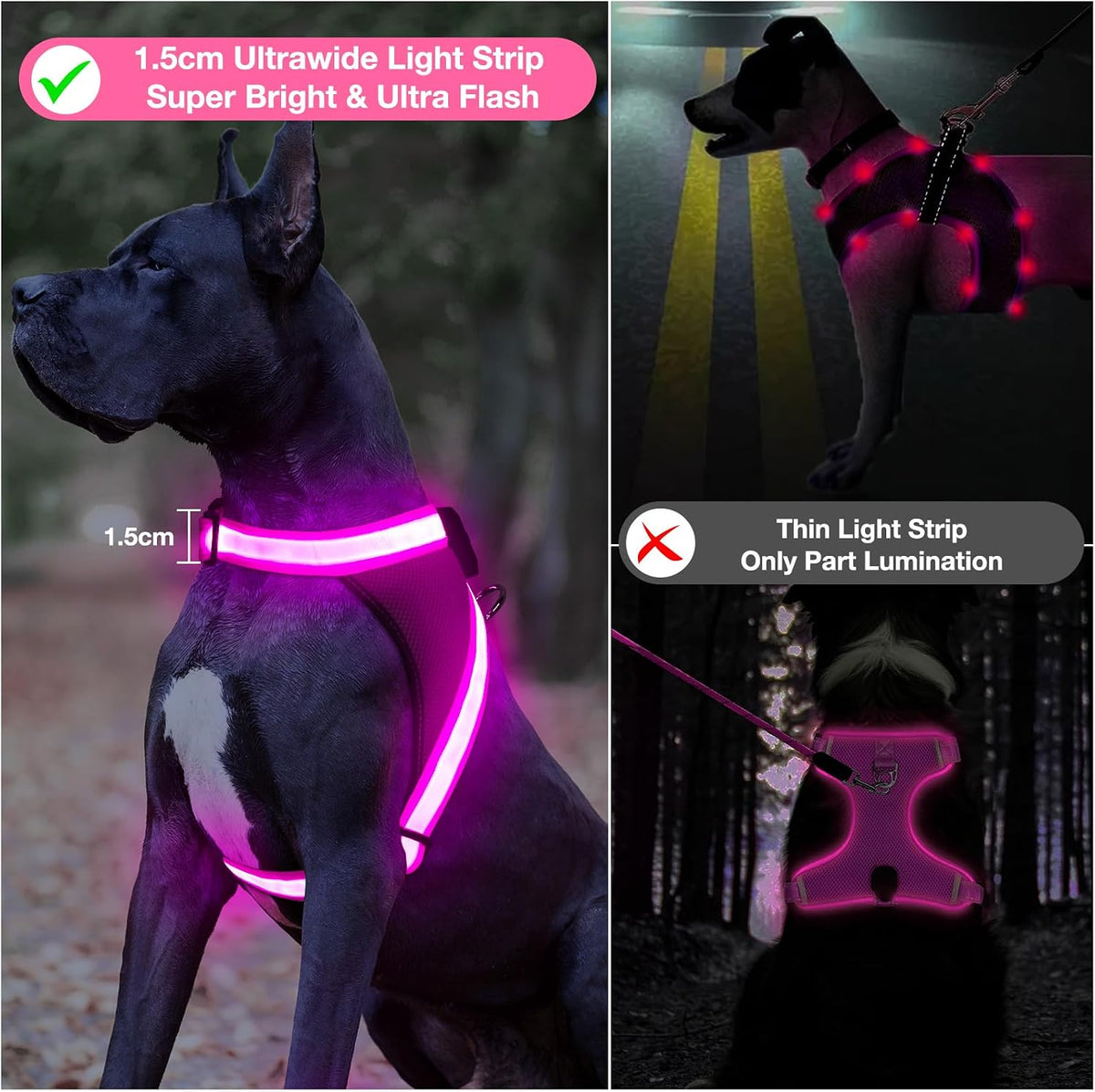Light Up Dog Harness, No Pull Led Dog Harness Glow-in-The-Dark for Night Walking, USB Rechargeable Lighted Safety Vest for Medium Large Dogs, Adjustable Soft Mesh Fully Illuminated(Green, L)