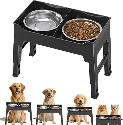 Elevated Dog Bowls, Splash Guard 4-Height Adjustable, Stainless Bowls | Mess Proof, Raised Stand with Two 2L Stainless Steel Bowls, Lifted Food Water Feeder for Small, Medium & Large Dogs