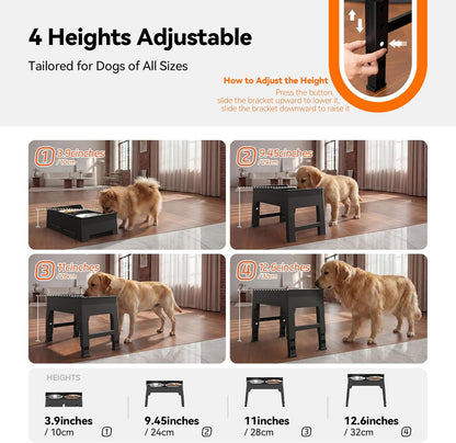Elevated Dog Bowls, Splash Guard 4-Height Adjustable, Stainless Bowls | Mess Proof, Raised Stand with Two 2L Stainless Steel Bowls, Lifted Food Water Feeder for Small, Medium & Large Dogs