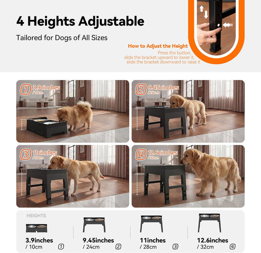 Elevated Dog Bowls, Splash Guard 4-Height Adjustable, Stainless Bowls | Mess Proof, Raised Stand with Two 2L Stainless Steel Bowls, Lifted Food Water Feeder for Small, Medium & Large Dogs