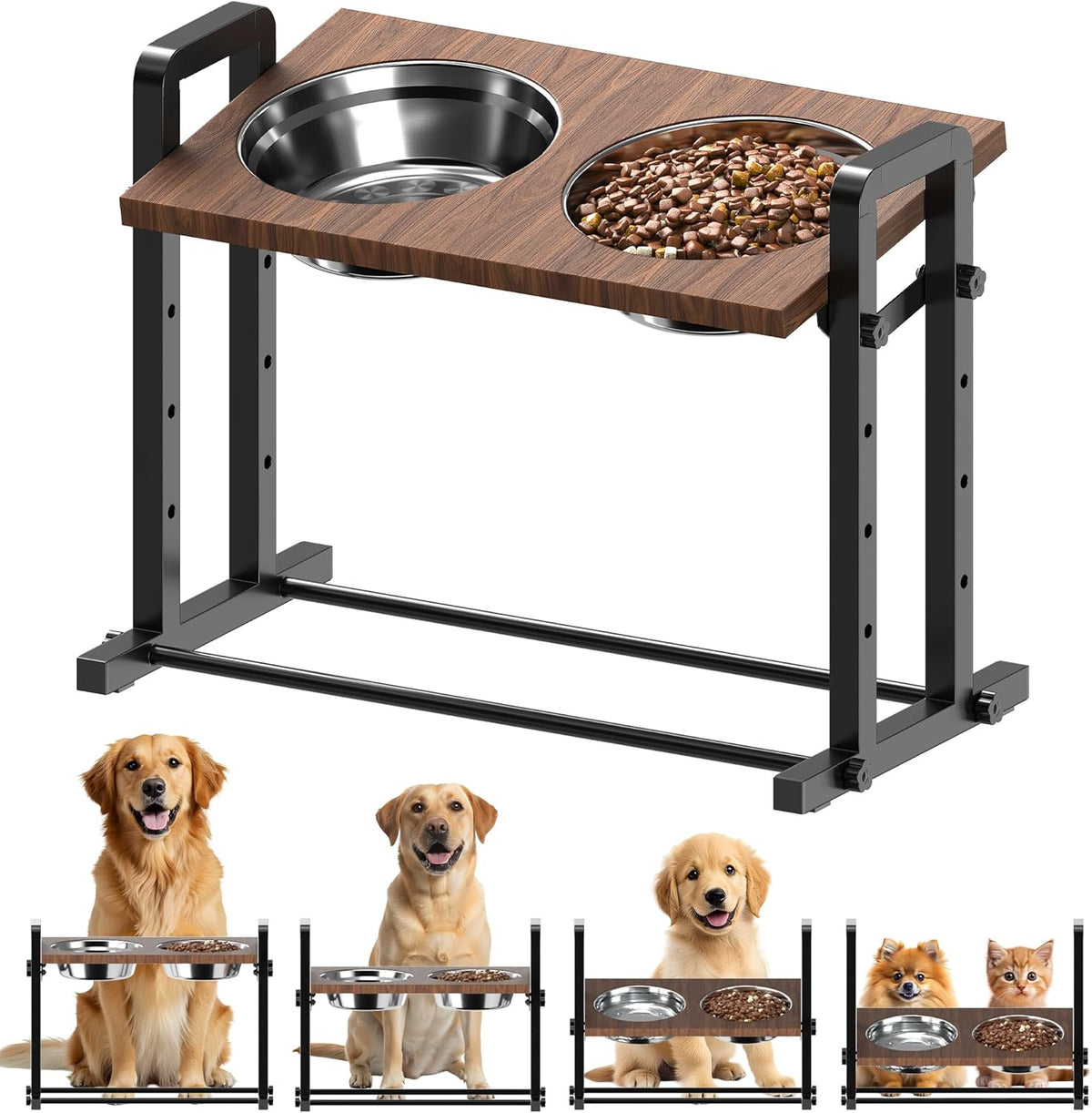 Elevated Dog Bowls, Splash Guard 4-Height Adjustable, Stainless Bowls | Mess Proof, Raised Stand with Two 2L Stainless Steel Bowls, Lifted Food Water Feeder for Small, Medium & Large Dogs