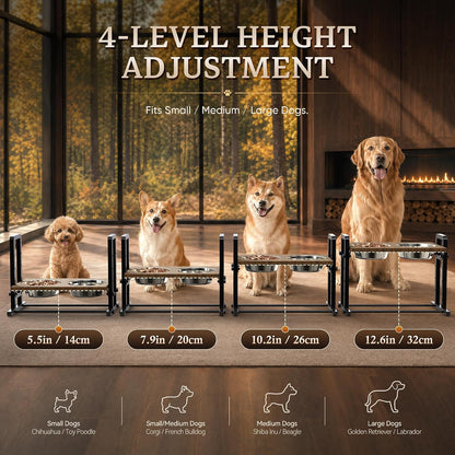 Elevated Dog Bowls, Splash Guard 4-Height Adjustable, Stainless Bowls | Mess Proof, Raised Stand with Two 2L Stainless Steel Bowls, Lifted Food Water Feeder for Small, Medium & Large Dogs