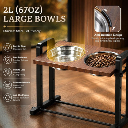 Elevated Dog Bowls, Splash Guard 4-Height Adjustable, Stainless Bowls | Mess Proof, Raised Stand with Two 2L Stainless Steel Bowls, Lifted Food Water Feeder for Small, Medium & Large Dogs