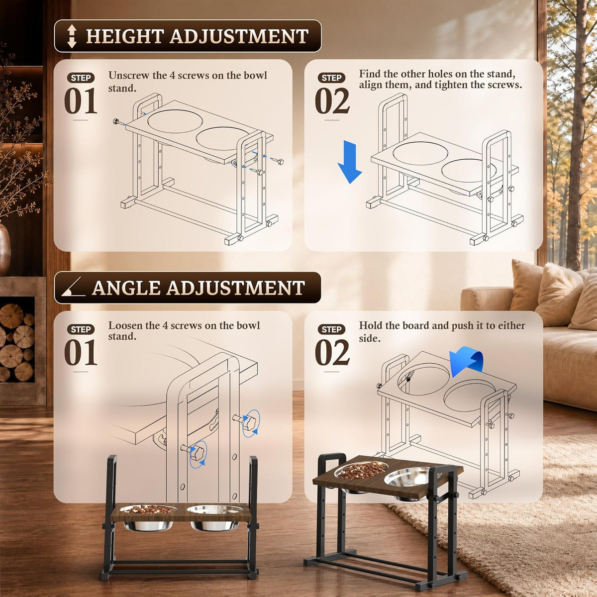 Elevated Dog Bowls, Splash Guard 4-Height Adjustable, Stainless Bowls | Mess Proof, Raised Stand with Two 2L Stainless Steel Bowls, Lifted Food Water Feeder for Small, Medium & Large Dogs
