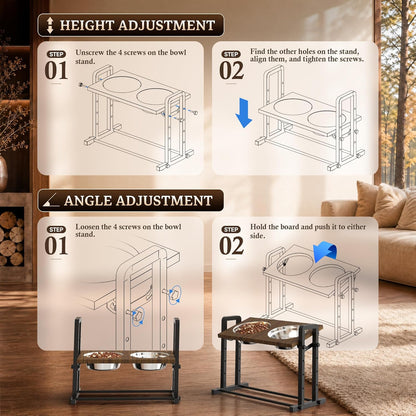 Elevated Dog Bowls, Splash Guard 4-Height Adjustable, Stainless Bowls | Mess Proof, Raised Stand with Two 2L Stainless Steel Bowls, Lifted Food Water Feeder for Small, Medium & Large Dogs