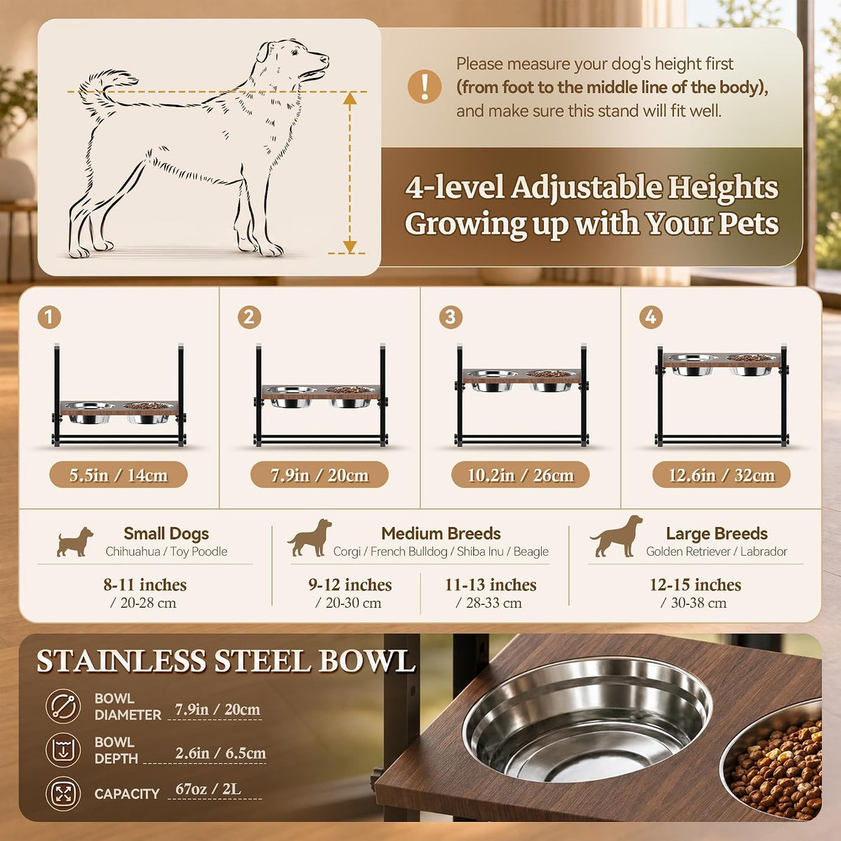 Elevated Dog Bowls, Splash Guard 4-Height Adjustable, Stainless Bowls | Mess Proof, Raised Stand with Two 2L Stainless Steel Bowls, Lifted Food Water Feeder for Small, Medium & Large Dogs