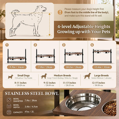 Elevated Dog Bowls, Splash Guard 4-Height Adjustable, Stainless Bowls | Mess Proof, Raised Stand with Two 2L Stainless Steel Bowls, Lifted Food Water Feeder for Small, Medium & Large Dogs