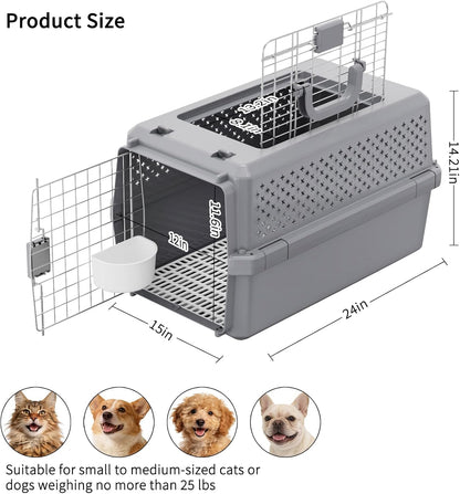 Gray Pet Carrier for Medium Dogs & Cats, Hard-Sided Travel Kennel