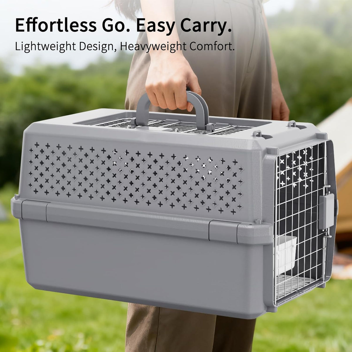 Gray Pet Carrier for Medium Dogs & Cats, Hard-Sided Travel Kennel