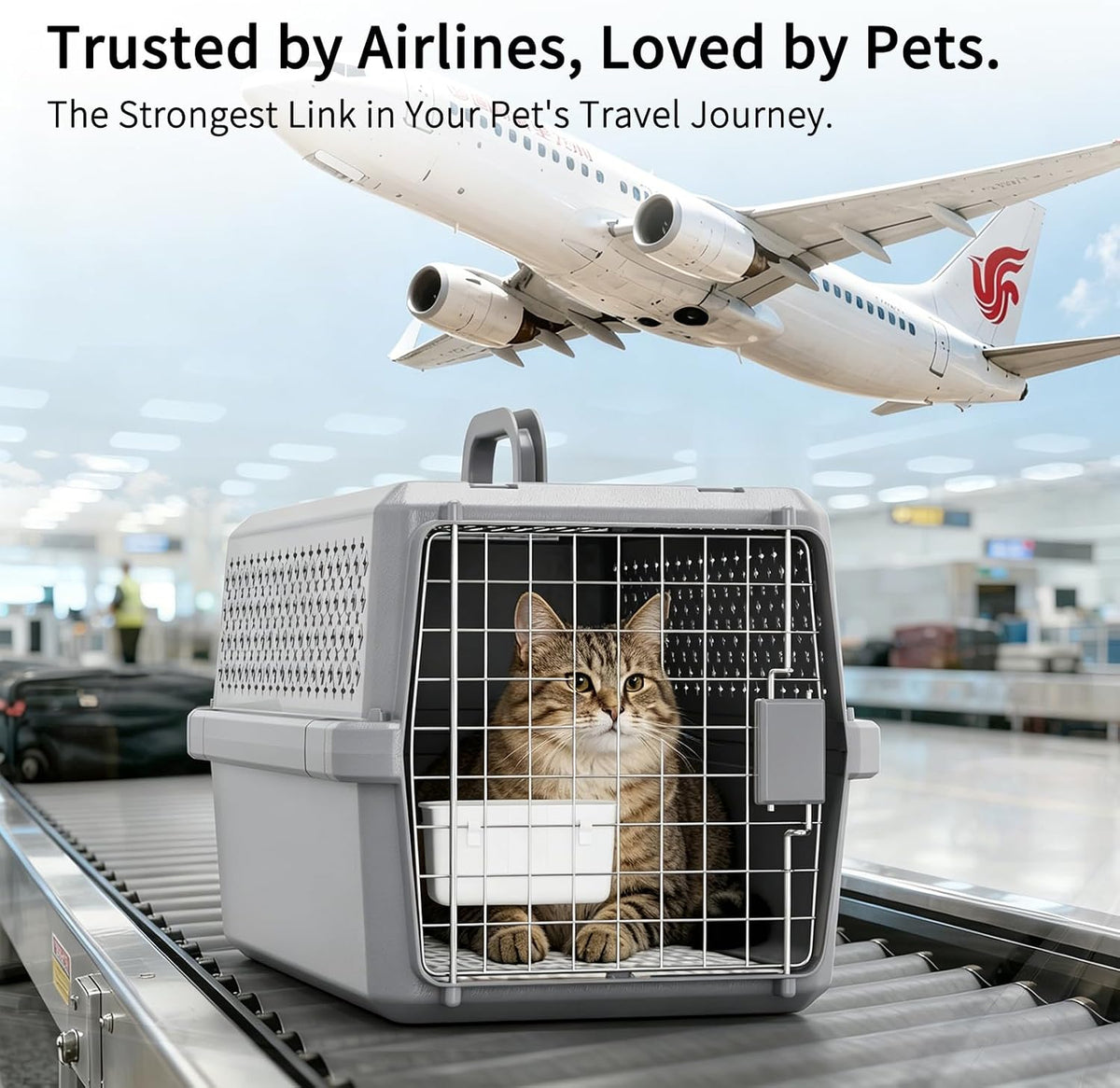 Gray Pet Carrier for Medium Dogs & Cats, Hard-Sided Travel Kennel