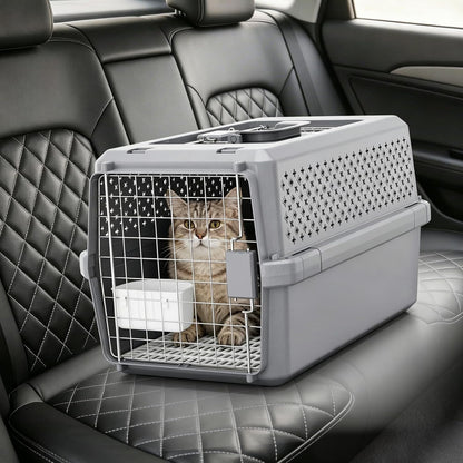 Gray Pet Carrier for Medium Dogs & Cats, Hard-Sided Travel Kennel