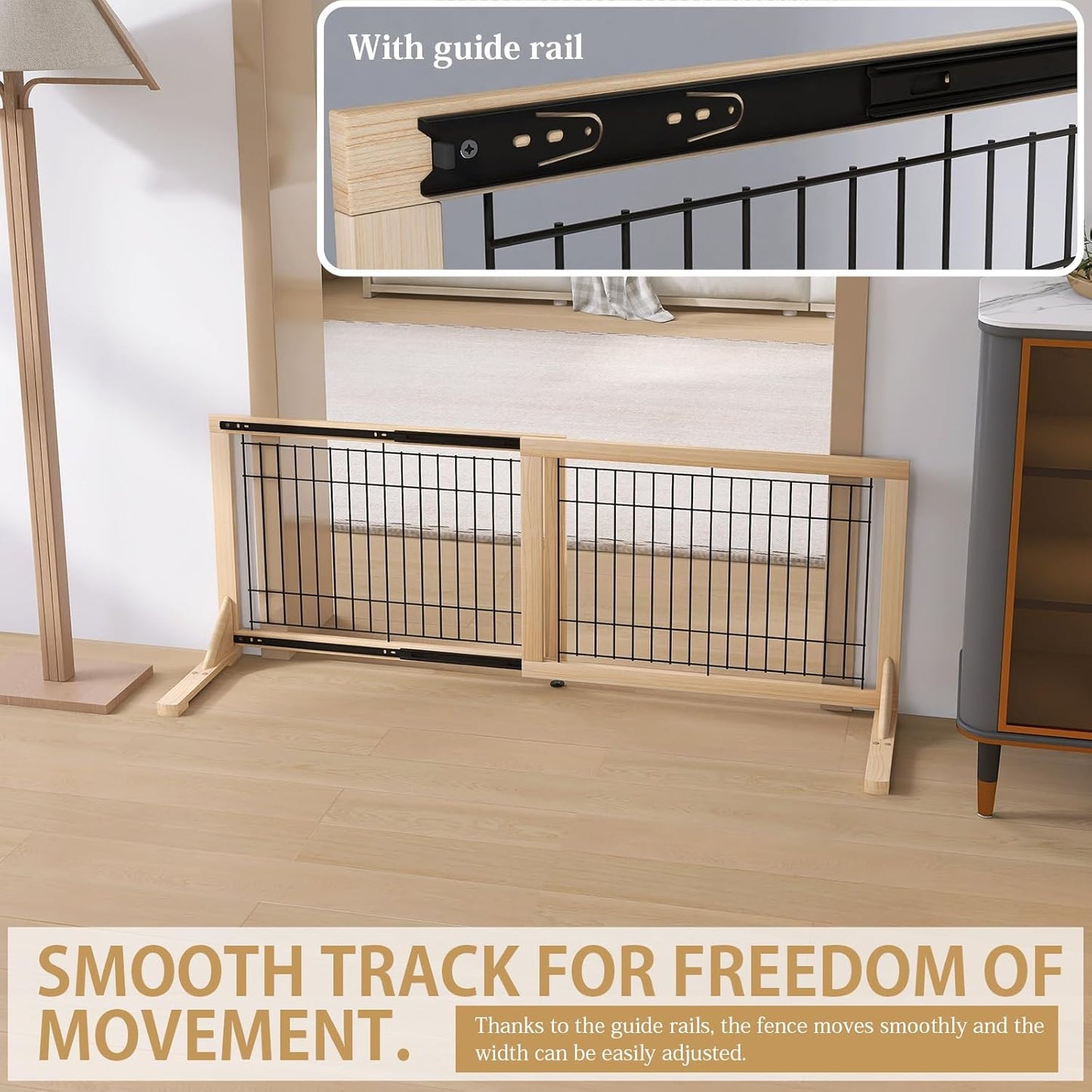 YOCAN Adjustable Wide Dog Gate for Doors, Hallways & Stairs – 19.7" Tall, 23.6–45.3" Expandable Freestanding Pet Safety Gate, No Drill Pressure Mounted Wood & Metal Frame (Black/Natural)