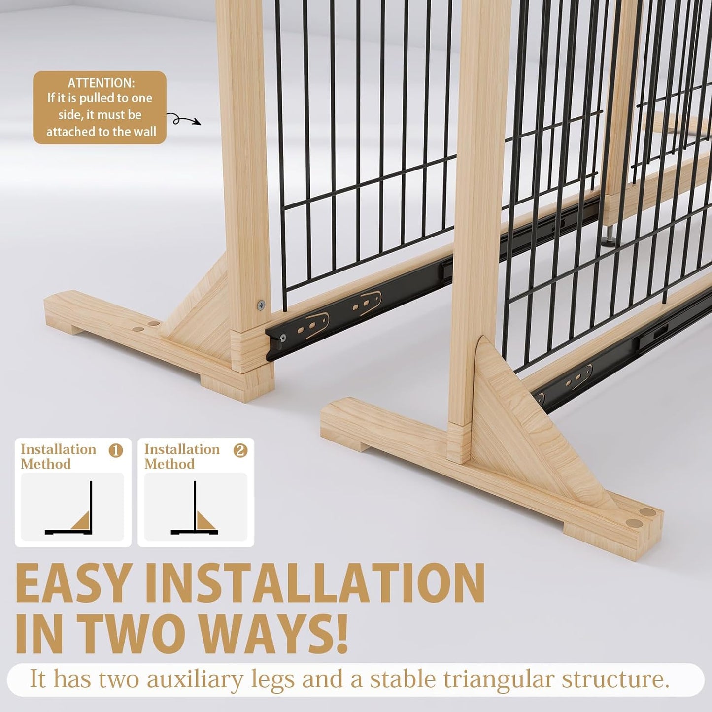 YOCAN Adjustable Wide Dog Gate for Doors, Hallways & Stairs – 19.7" Tall, 23.6–45.3" Expandable Freestanding Pet Safety Gate, No Drill Pressure Mounted Wood & Metal Frame (Black/Natural)