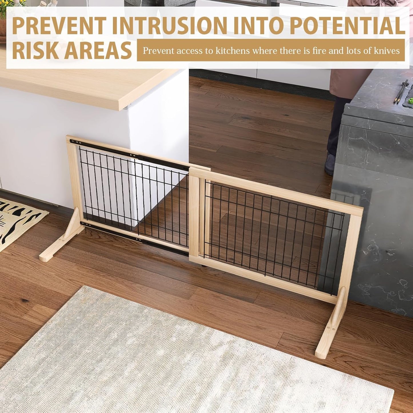 YOCAN Adjustable Wide Dog Gate for Doors, Hallways & Stairs – 19.7" Tall, 23.6–45.3" Expandable Freestanding Pet Safety Gate, No Drill Pressure Mounted Wood & Metal Frame (Black/Natural)