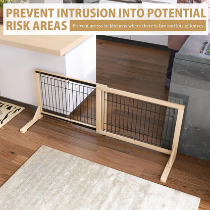 YOCAN Adjustable Wide Dog Gate for Doors, Hallways & Stairs – 19.7" Tall, 23.6–45.3" Expandable Freestanding Pet Safety Gate, No Drill Pressure Mounted Wood & Metal Frame (Black/Natural)