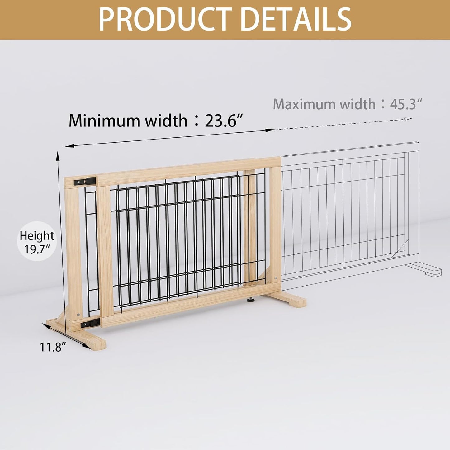 YOCAN Adjustable Wide Dog Gate for Doors, Hallways & Stairs – 19.7" Tall, 23.6–45.3" Expandable Freestanding Pet Safety Gate, No Drill Pressure Mounted Wood & Metal Frame (Black/Natural)