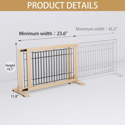 YOCAN Adjustable Wide Dog Gate for Doors, Hallways & Stairs – 19.7" Tall, 23.6–45.3" Expandable Freestanding Pet Safety Gate, No Drill Pressure Mounted Wood & Metal Frame (Black/Natural)