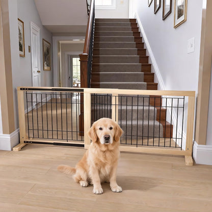 YOCAN Adjustable Wide Dog Gate for Doors, Hallways & Stairs – 19.7" Tall, 23.6–45.3" Expandable Freestanding Pet Safety Gate, No Drill Pressure Mounted Wood & Metal Frame (Black/Natural)