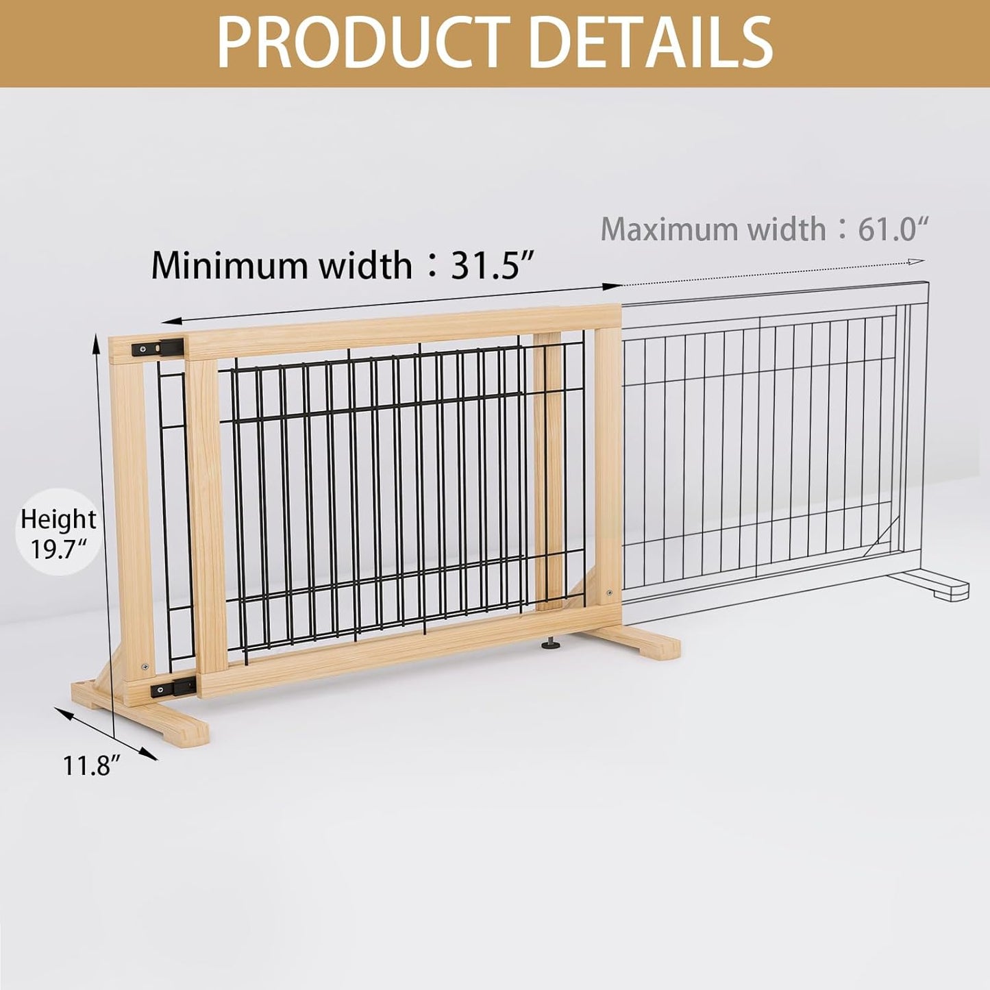 YOCAN Adjustable Wide Dog Gate for Doors, Hallways & Stairs – 19.7" Tall, 23.6–45.3" Expandable Freestanding Pet Safety Gate, No Drill Pressure Mounted Wood & Metal Frame (Black/Natural)
