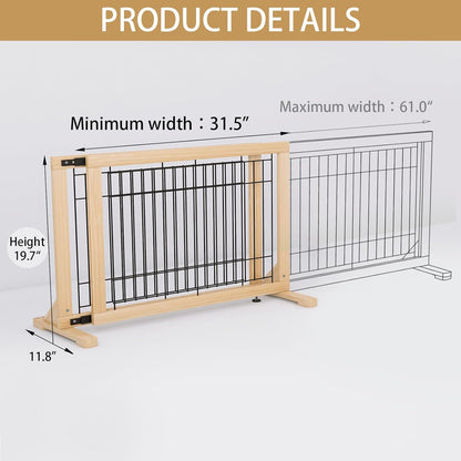 YOCAN Adjustable Wide Dog Gate for Doors, Hallways & Stairs – 19.7" Tall, 23.6–45.3" Expandable Freestanding Pet Safety Gate, No Drill Pressure Mounted Wood & Metal Frame (Black/Natural)