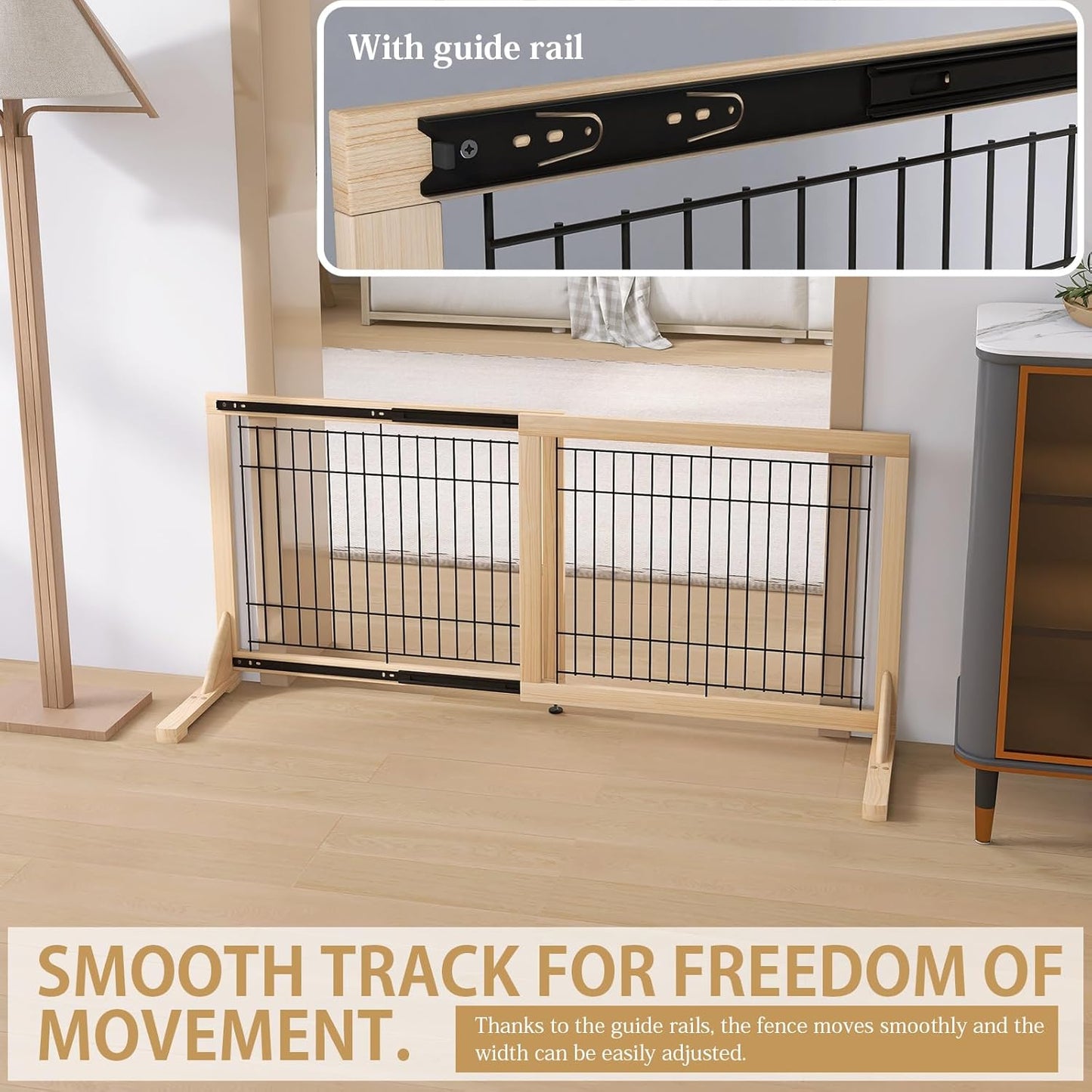 YOCAN Adjustable Wide Dog Gate for Doors, Hallways & Stairs – 19.7" Tall, 23.6–45.3" Expandable Freestanding Pet Safety Gate, No Drill Pressure Mounted Wood & Metal Frame (Black/Natural)
