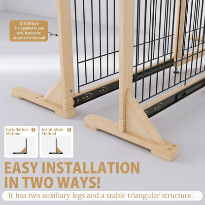 YOCAN Adjustable Wide Dog Gate for Doors, Hallways & Stairs – 19.7" Tall, 23.6–45.3" Expandable Freestanding Pet Safety Gate, No Drill Pressure Mounted Wood & Metal Frame (Black/Natural)