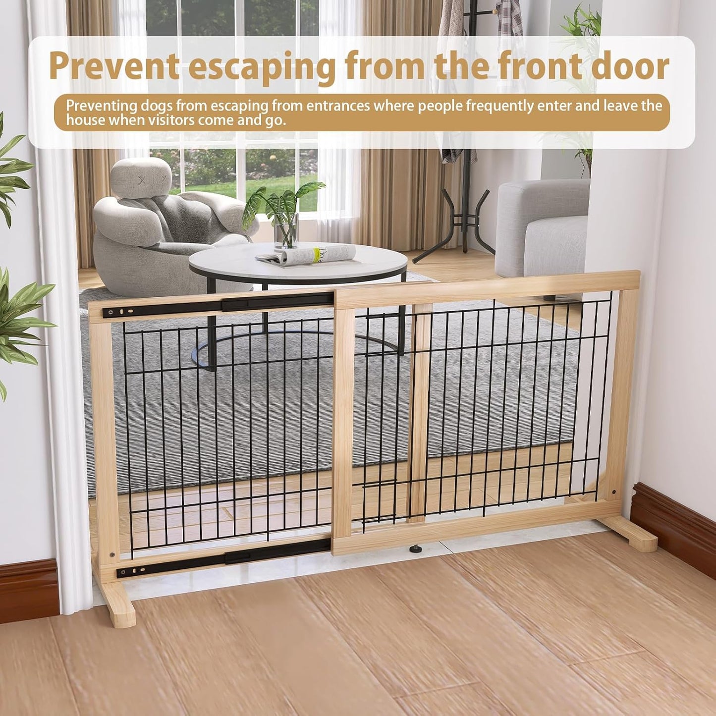 YOCAN Adjustable Wide Dog Gate for Doors, Hallways & Stairs – 19.7" Tall, 23.6–45.3" Expandable Freestanding Pet Safety Gate, No Drill Pressure Mounted Wood & Metal Frame (Black/Natural)