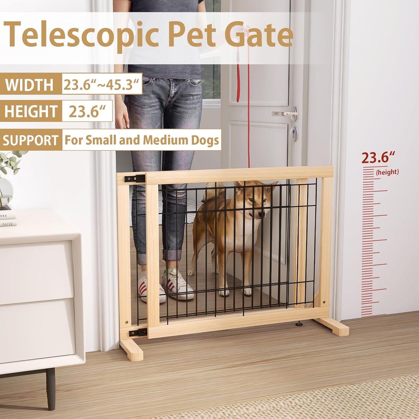 YOCAN Adjustable Wide Dog Gate for Doors, Hallways & Stairs – 19.7" Tall, 23.6–45.3" Expandable Freestanding Pet Safety Gate, No Drill Pressure Mounted Wood & Metal Frame (Black/Natural)