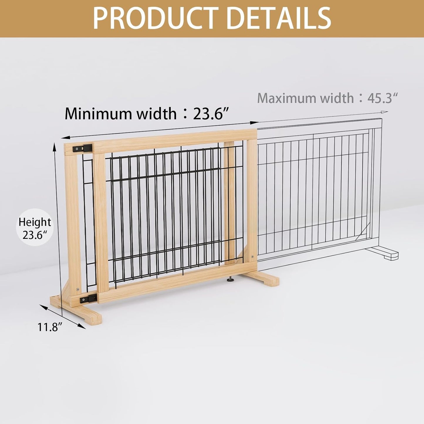 YOCAN Adjustable Wide Dog Gate for Doors, Hallways & Stairs – 19.7" Tall, 23.6–45.3" Expandable Freestanding Pet Safety Gate, No Drill Pressure Mounted Wood & Metal Frame (Black/Natural)