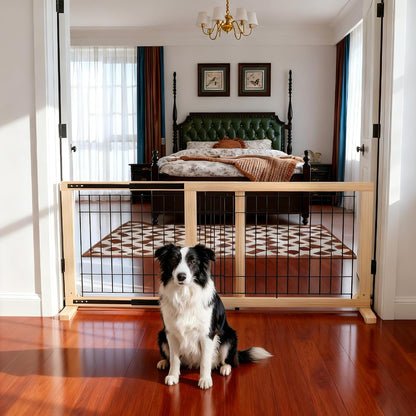 YOCAN Adjustable Wide Dog Gate for Doors, Hallways & Stairs – 19.7" Tall, 23.6–45.3" Expandable Freestanding Pet Safety Gate, No Drill Pressure Mounted Wood & Metal Frame (Black/Natural)