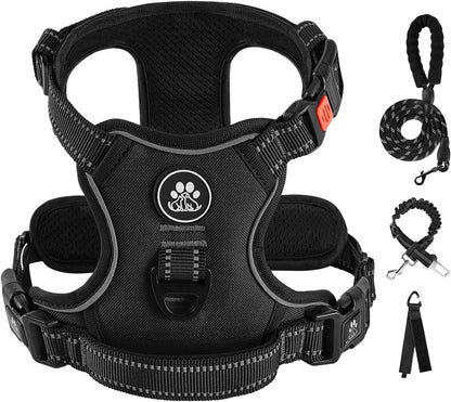 No Pull Dog Harness for Medium Dogs, Dog Vest Harness with Leash, Safety Belt and Storage Strap, Fully Adjustable Harness, 360° Reflective Strip, Soft Handle (Purple, M)