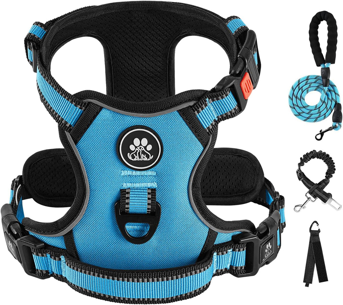 No Pull Dog Harness for Medium Dogs, Dog Vest Harness with Leash, Safety Belt and Storage Strap, Fully Adjustable Harness, 360° Reflective Strip, Soft Handle (Purple, M)