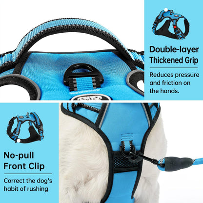 No Pull Dog Harness for Medium Dogs, Dog Vest Harness with Leash, Safety Belt and Storage Strap, Fully Adjustable Harness, 360° Reflective Strip, Soft Handle (Purple, M)