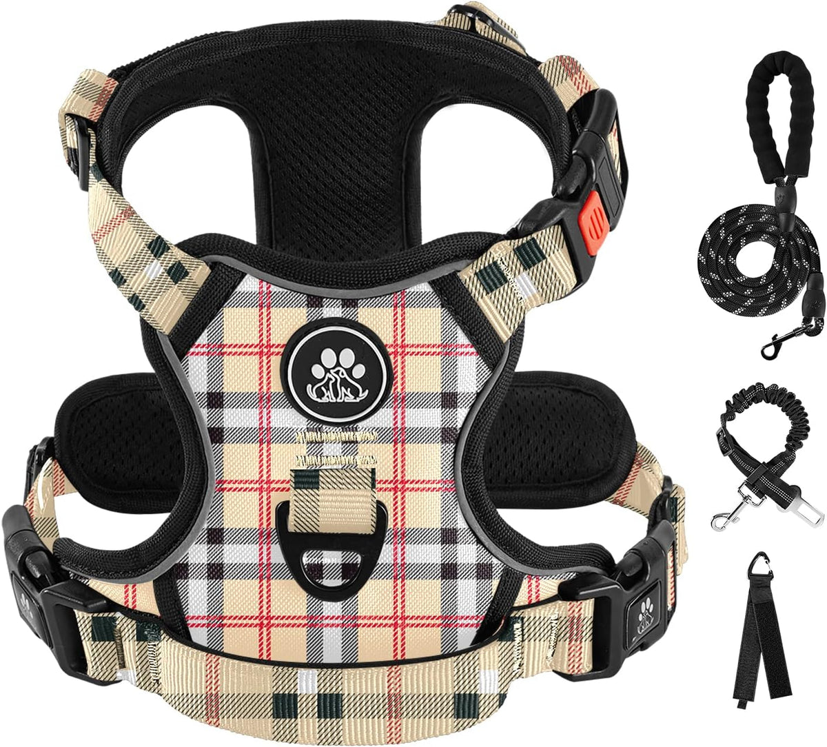 No Pull Dog Harness for Medium Dogs, Dog Vest Harness with Leash, Safety Belt and Storage Strap, Fully Adjustable Harness, 360° Reflective Strip, Soft Handle (Purple, M)