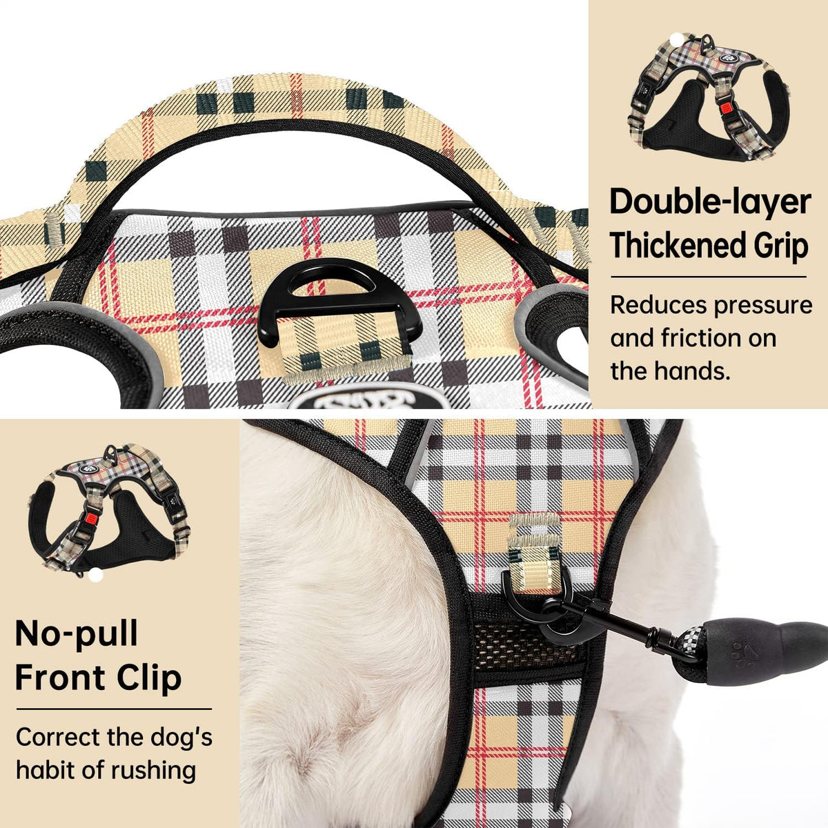 No Pull Dog Harness for Medium Dogs, Dog Vest Harness with Leash, Safety Belt and Storage Strap, Fully Adjustable Harness, 360° Reflective Strip, Soft Handle (Purple, M)