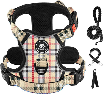No Pull Dog Harness for Medium Dogs, Dog Vest Harness with Leash, Safety Belt and Storage Strap, Fully Adjustable Harness, 360° Reflective Strip, Soft Handle (Purple, M)