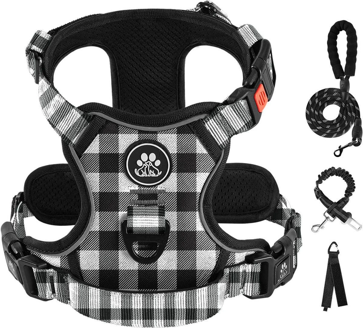 No Pull Dog Harness for Medium Dogs, Dog Vest Harness with Leash, Safety Belt and Storage Strap, Fully Adjustable Harness, 360° Reflective Strip, Soft Handle (Purple, M)