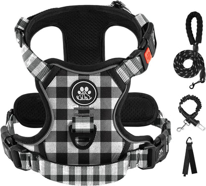 No Pull Dog Harness for Medium Dogs, Dog Vest Harness with Leash, Safety Belt and Storage Strap, Fully Adjustable Harness, 360° Reflective Strip, Soft Handle (Purple, M)