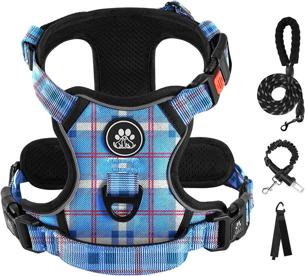 No Pull Dog Harness for Medium Dogs, Dog Vest Harness with Leash, Safety Belt and Storage Strap, Fully Adjustable Harness, 360° Reflective Strip, Soft Handle (Purple, M)