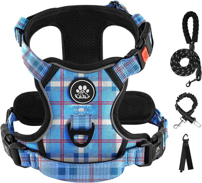 No Pull Dog Harness for Medium Dogs, Dog Vest Harness with Leash, Safety Belt and Storage Strap, Fully Adjustable Harness, 360° Reflective Strip, Soft Handle (Purple, M)