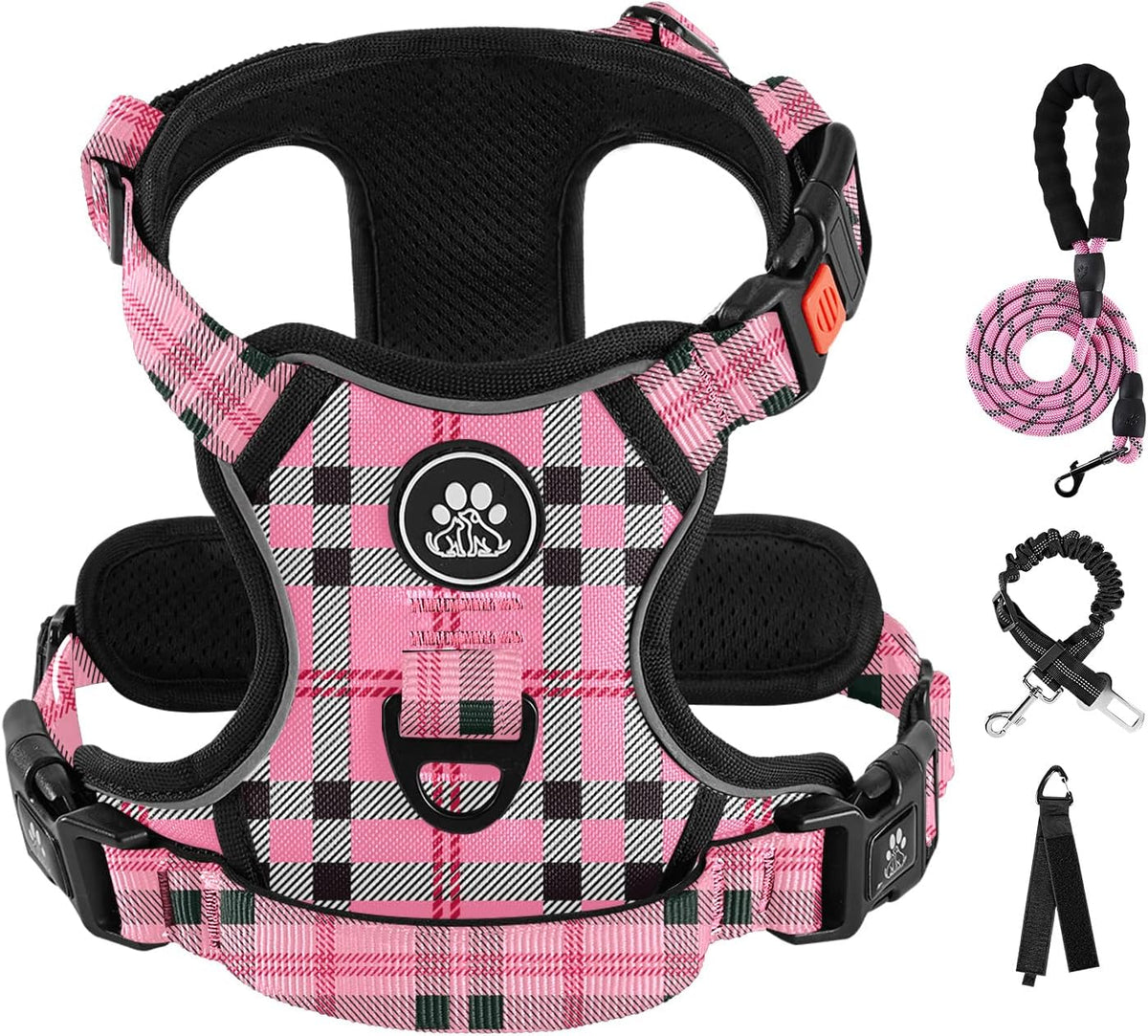 No Pull Dog Harness for Medium Dogs, Dog Vest Harness with Leash, Safety Belt and Storage Strap, Fully Adjustable Harness, 360° Reflective Strip, Soft Handle (Purple, M)