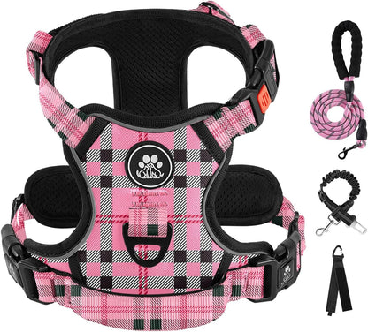 No Pull Dog Harness for Medium Dogs, Dog Vest Harness with Leash, Safety Belt and Storage Strap, Fully Adjustable Harness, 360° Reflective Strip, Soft Handle (Purple, M)