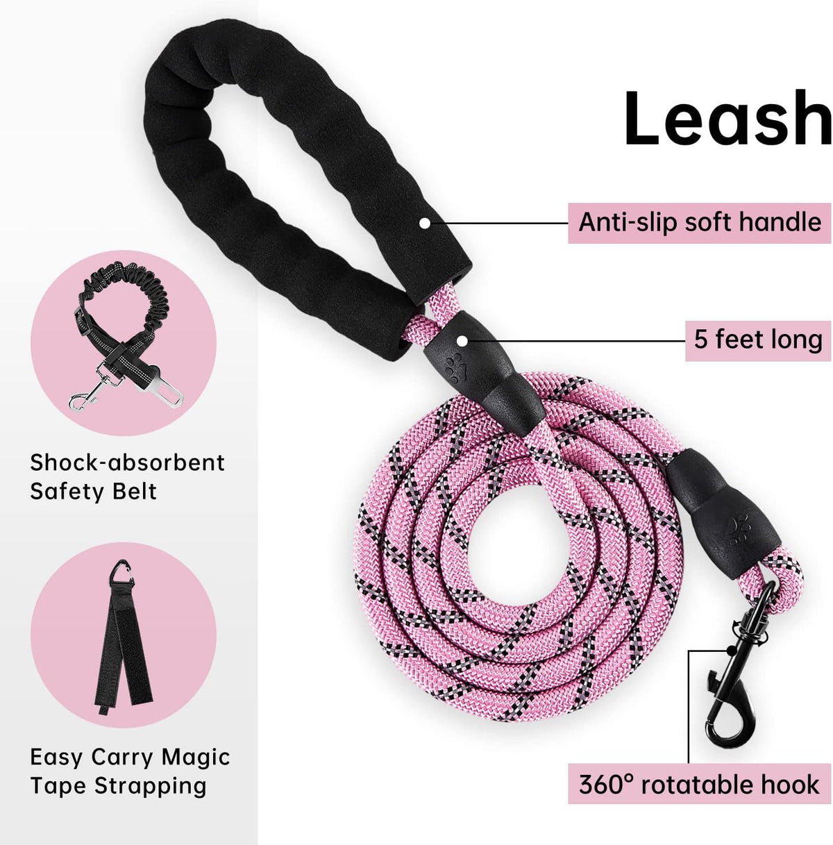 No Pull Dog Harness for Medium Dogs, Dog Vest Harness with Leash, Safety Belt and Storage Strap, Fully Adjustable Harness, 360° Reflective Strip, Soft Handle (Purple, M)